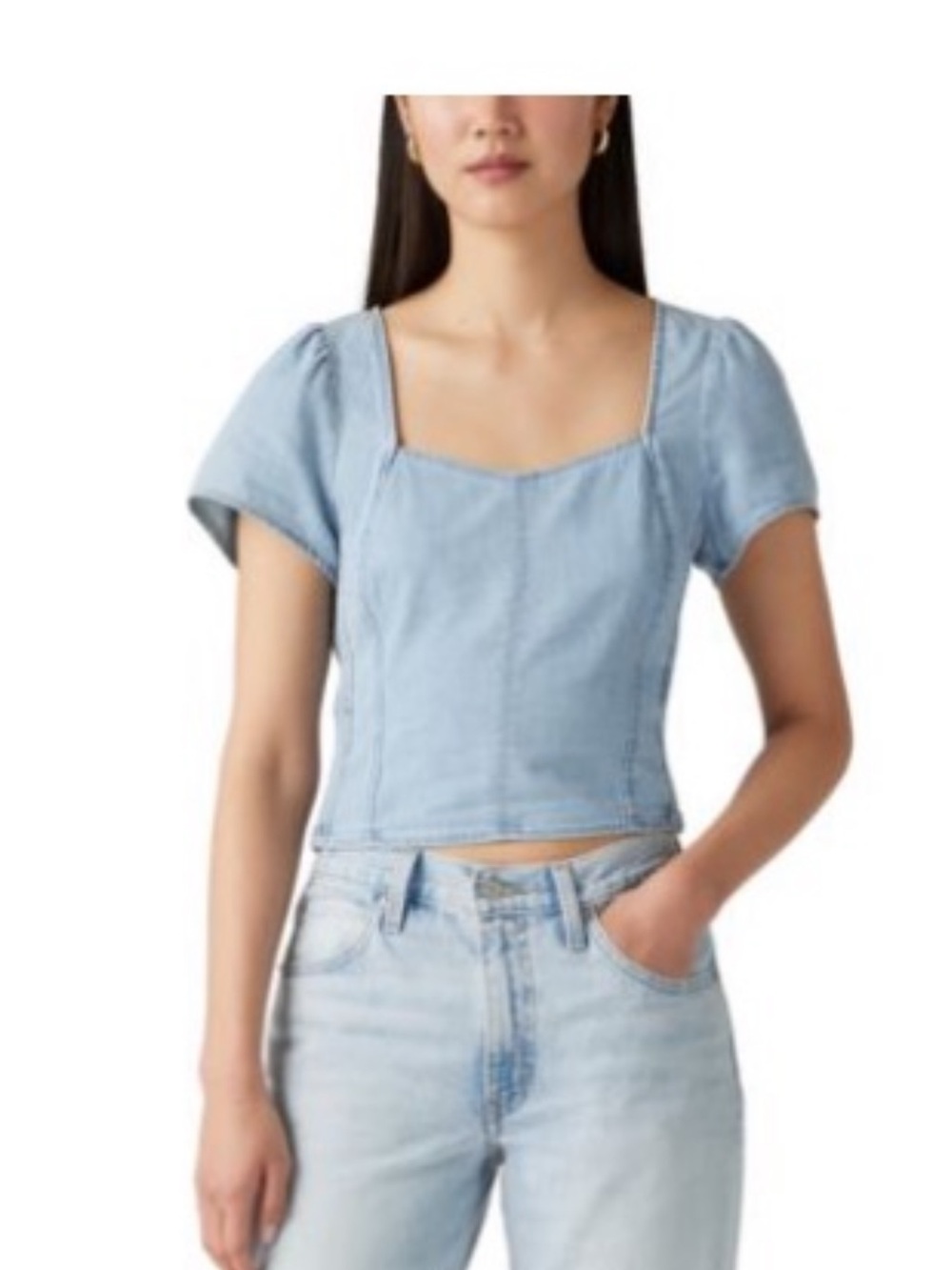 Levi's Light Blue Denim Square-Neck Puff Sleeve Crop Top